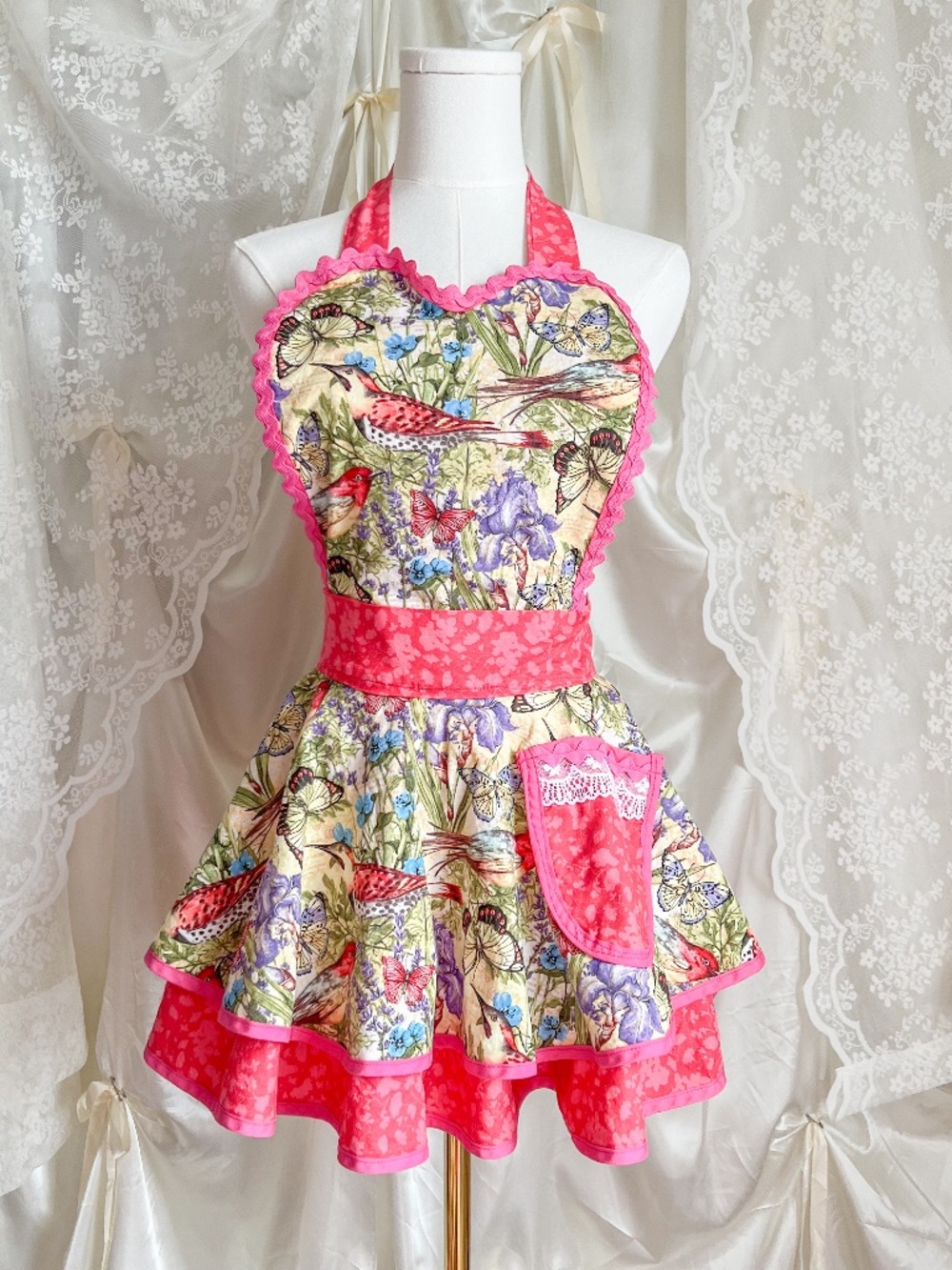 Vintage Handmade Bird & Butterfly Heart Apron Dress Whimsical Cottagecore Fairy